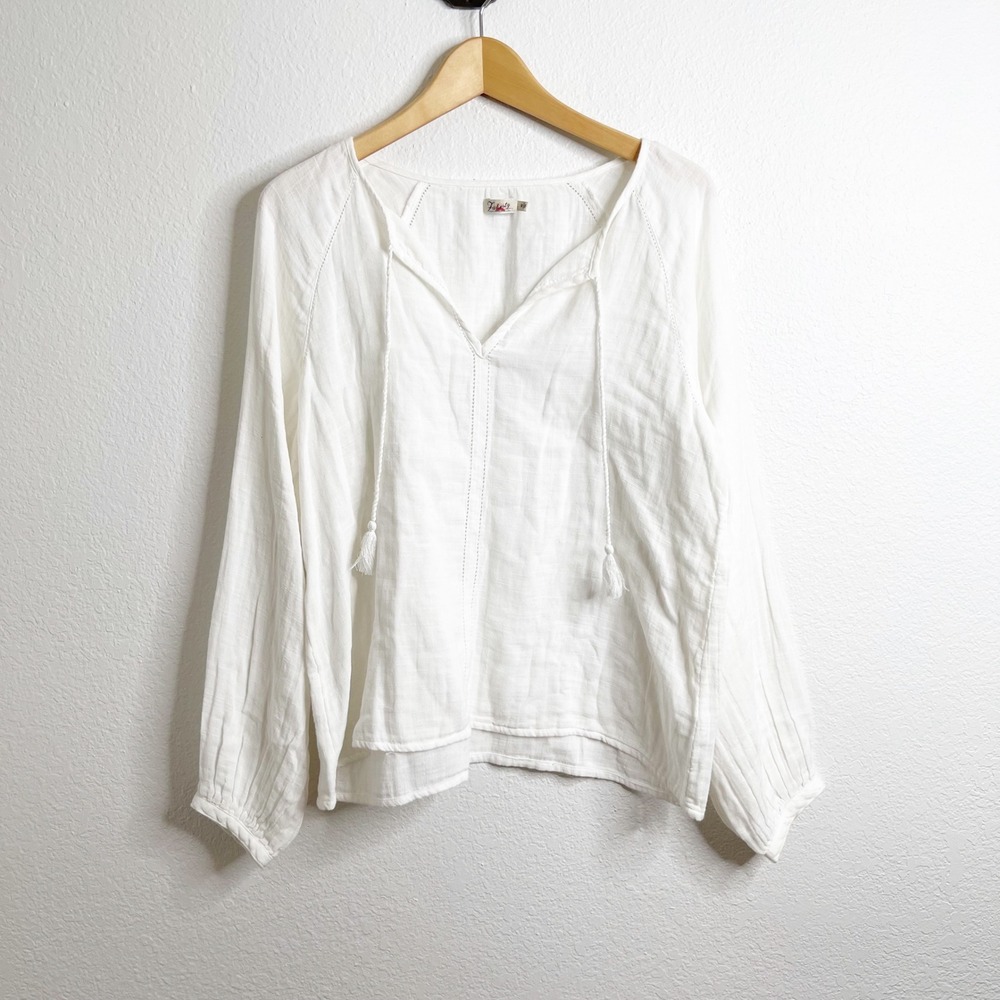 Faherty White Organic Cotton Gauze Peasant Blouse Tassel Tie Top Womens Medium